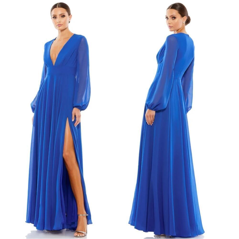 Mac Duggal Vibrant Blue Deep V Long Sleeve Maxi Gown